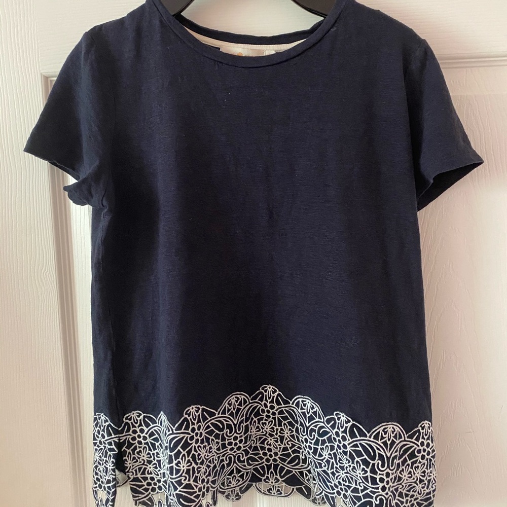 Tory Burch Navy Linen Embroidered T-Shirt